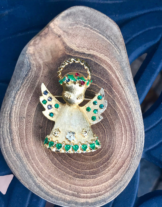 Vintage angel pin - goldtone with rhinestones - just a bit of a fixer upper
