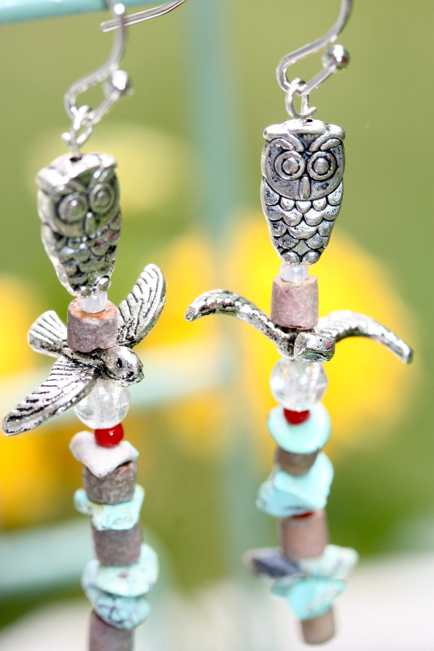 Owl and bird "totem pole" beaded earrings