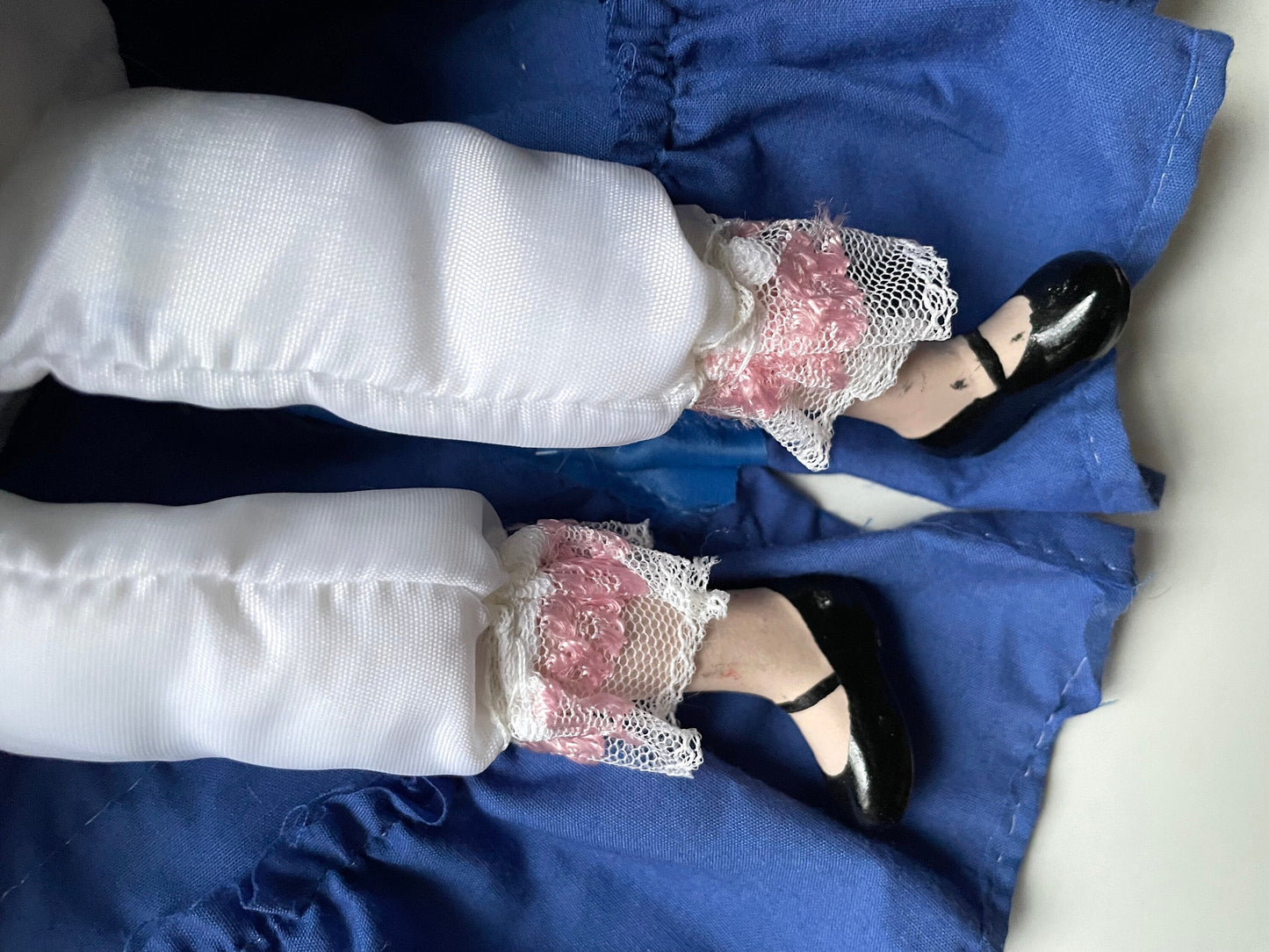 Stunning vintage Marin chiclana Spanish porcelain doll in beautiful royal blue dress with red hair flower and lace - from Valencia, Spain