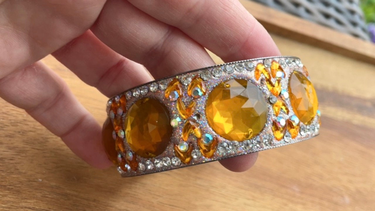 Stunning vintage wide bangle bracelet - orange inlaid rhinestone mosaic