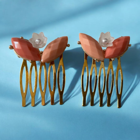 Small handmade Vintage Peach Leaf Hair Combs – Upcycled retro peach Leaves & White Flowers with Faux Pearls (Set of 2)