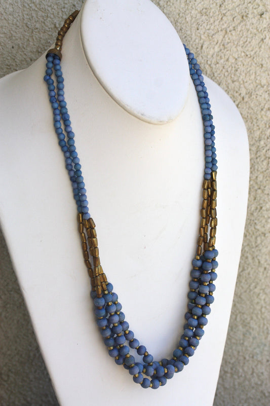 Stunning blue and copper beaded long  multi strand vintage necklace
