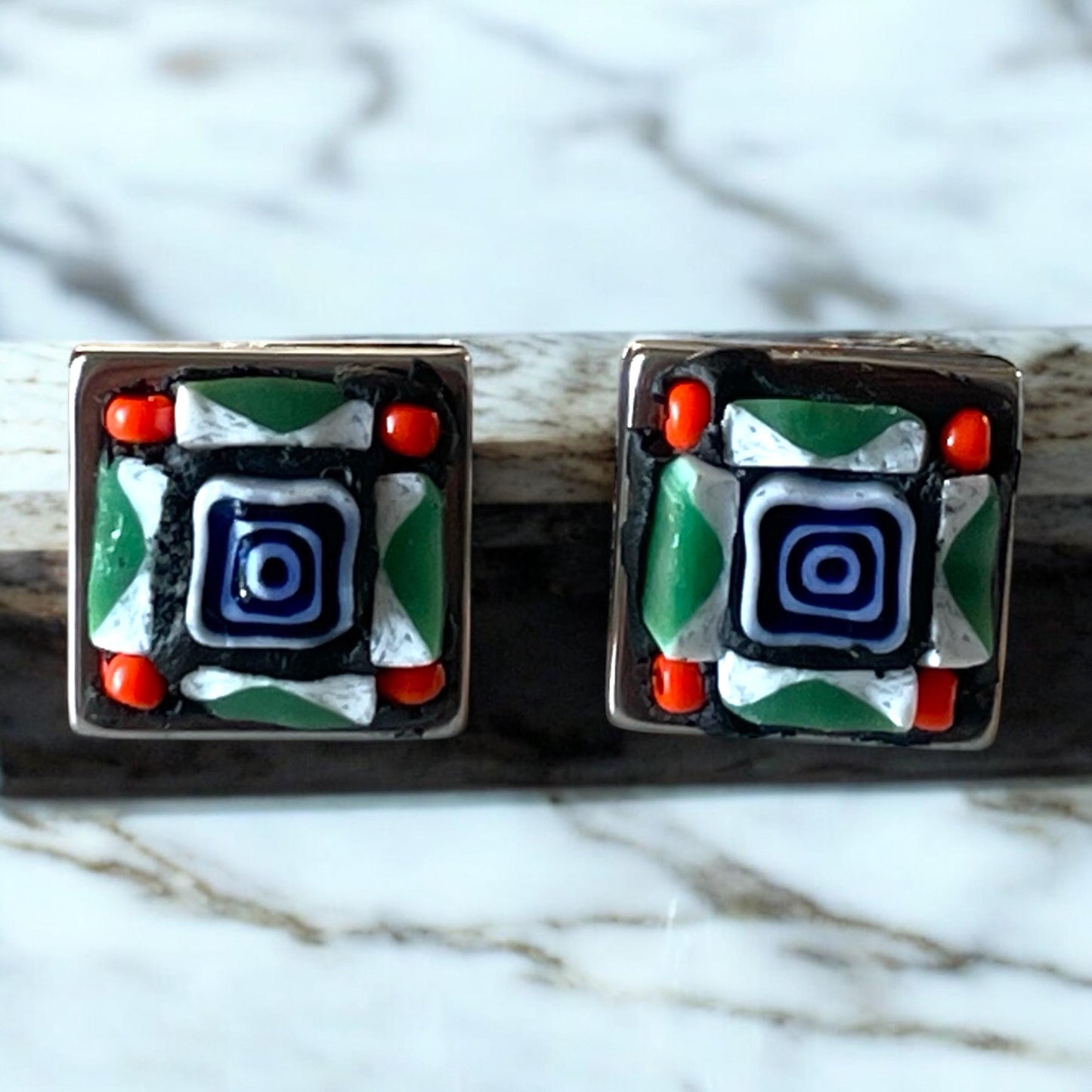 Square Micro Mosaic Millefiori Stud Earrings – 1/2" Handmade Glass Jewelry – Colorful Artisan Earrings – Gift for Her
