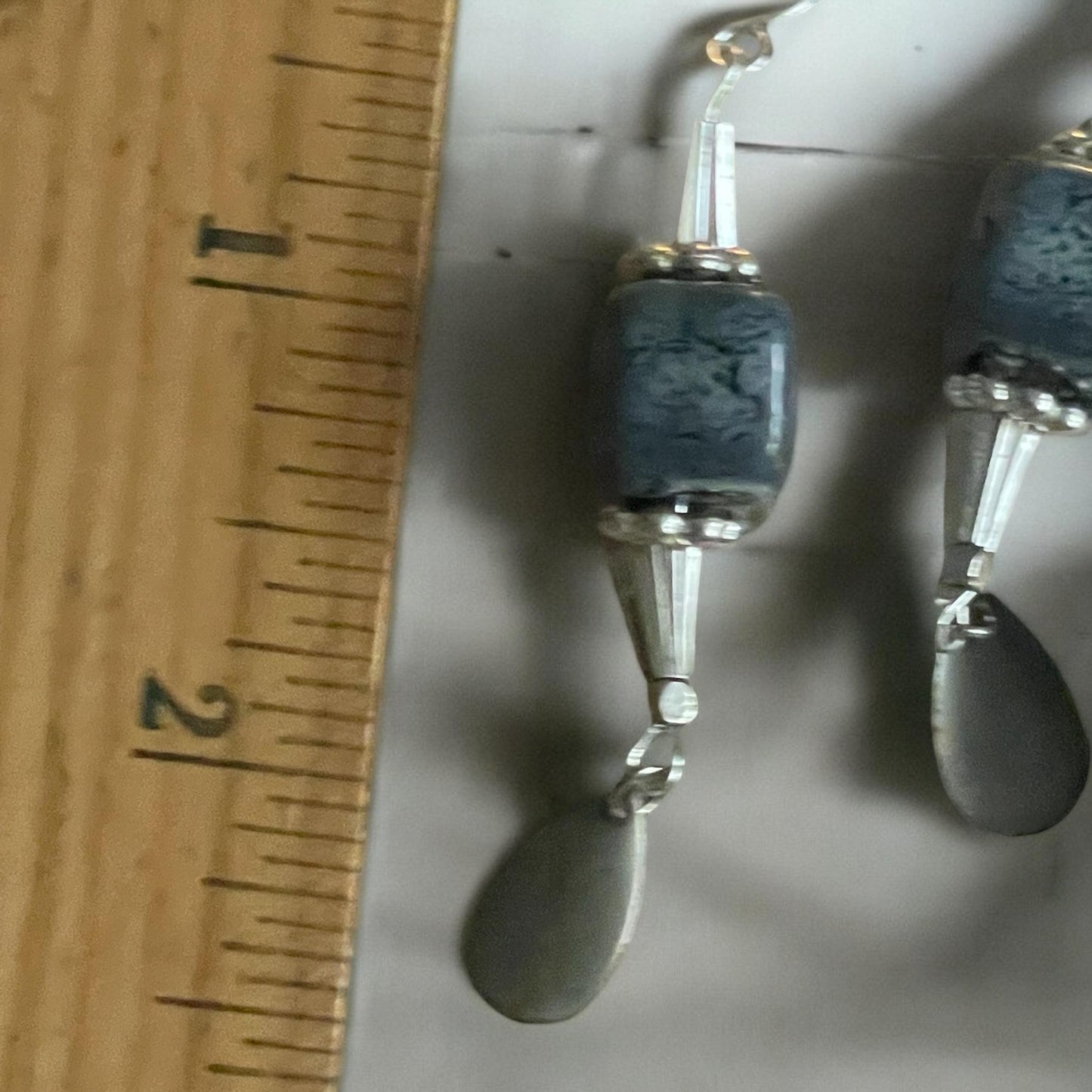 Speckled blue clay pottery cube with metal cones and dangles - 2 and one-half" long earrings