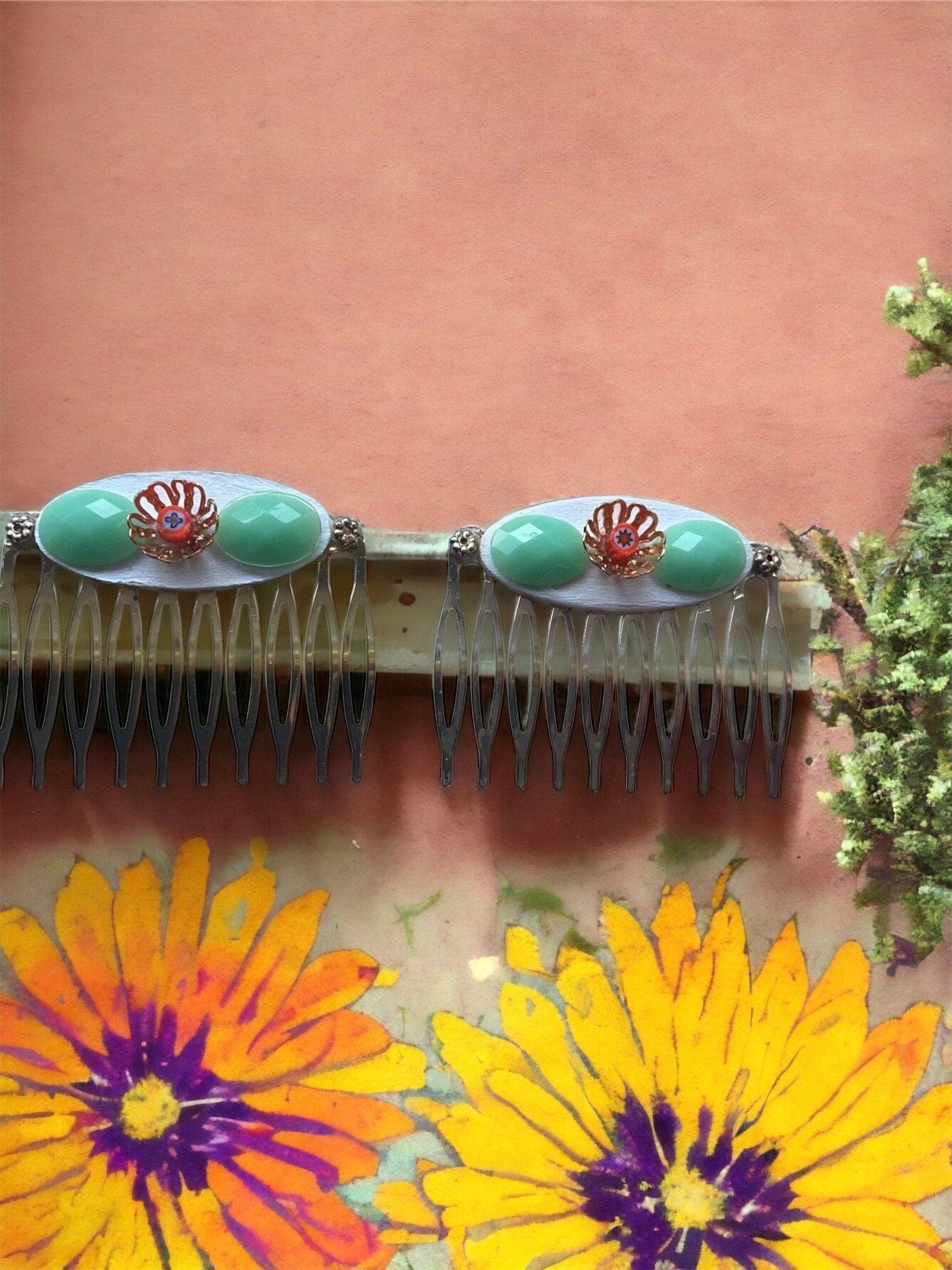 Pair of one-of-a-kind mixed medium handmade floral hair clips