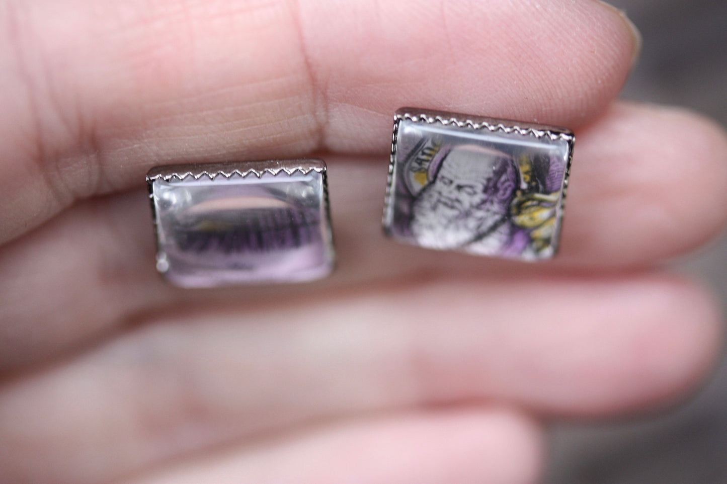 Tiny square stud earrings made from genuine vintage postage stamps - Osterreich Austria postage stamp 1983 purple, saint, Austria Monastery