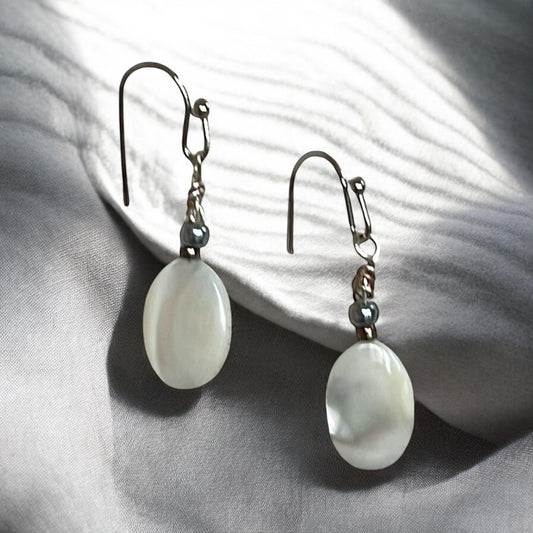 Oval Mother of Pearl Dangle Earrings – Handmade Shell Earrings, Boho Chic Jewelry, Lightweight Gift for Her, Natural Drop Earrings