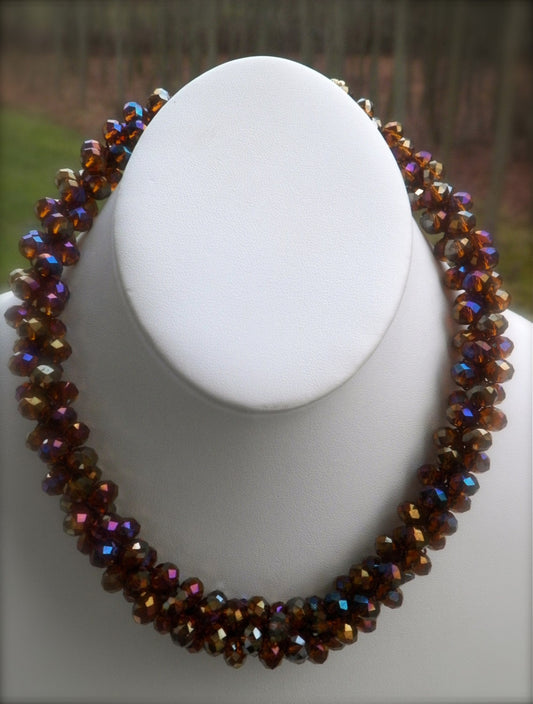 Copper Aurora Borealis necklace - copper toned aurora borealis (AB) crystal stunning handmade bead crochet necklace