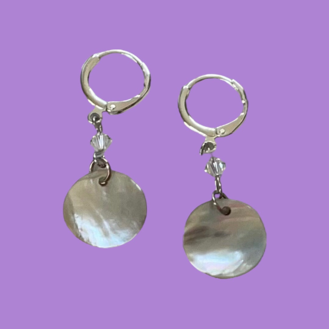 Natural mother-of-pearl shell bead dangle earrings with tiny crystals