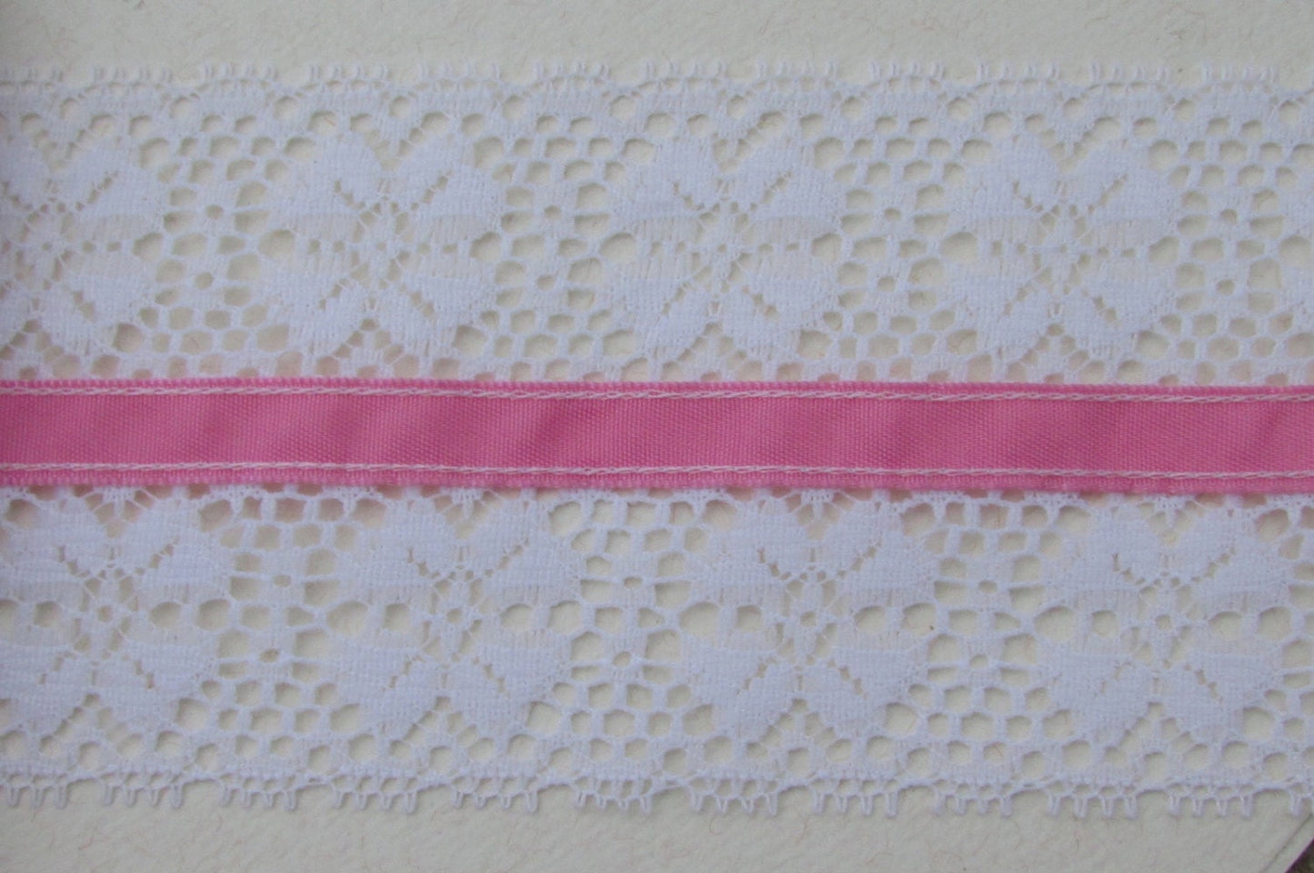 Wide vintage white lace with pink ribbon in the center - by the yard