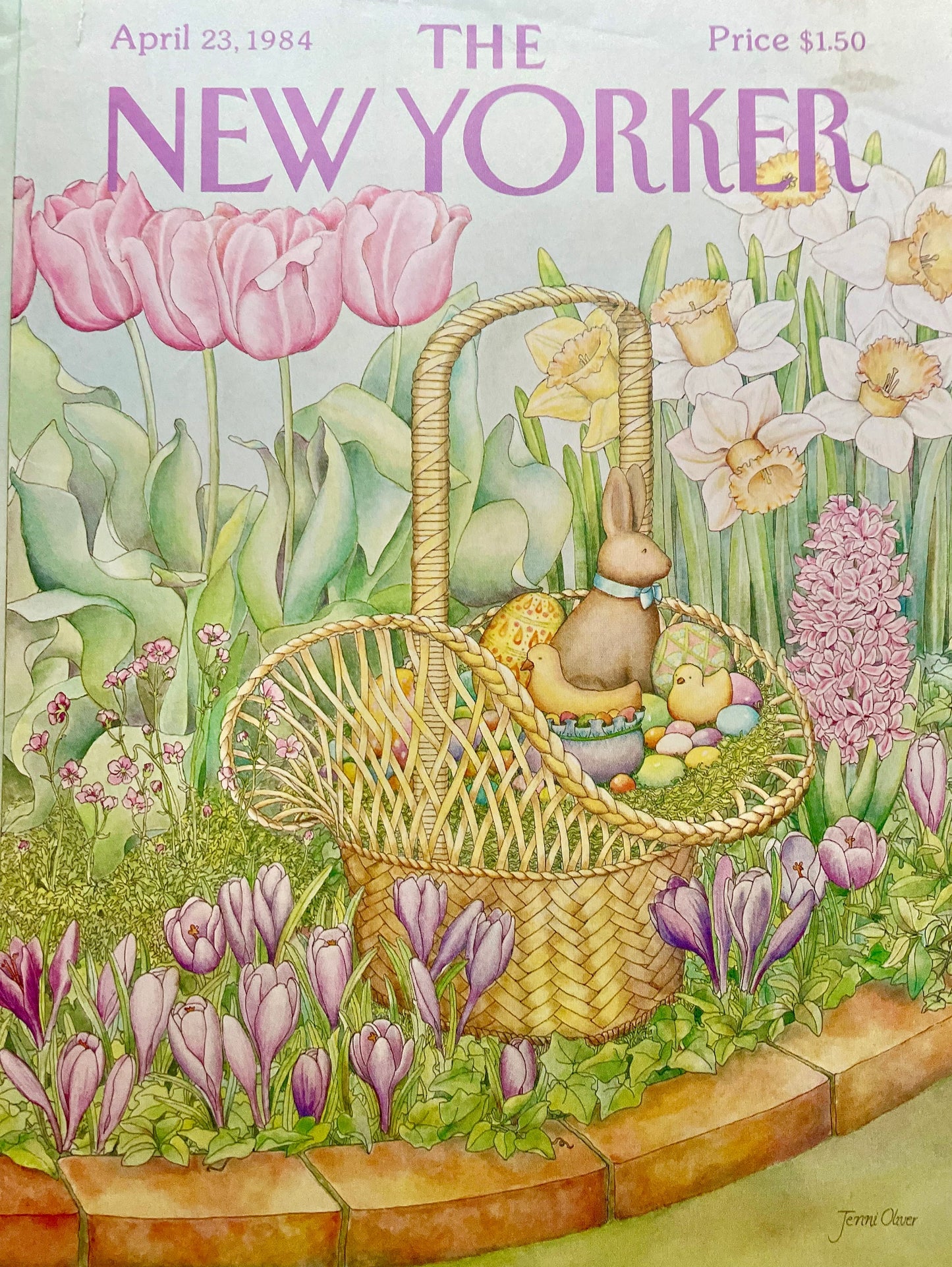 April 23, 1984 - The NEW YORKER Magazine original cover - artist Jenni Oliver - Easter, bunny, basket