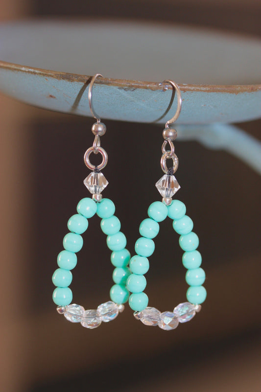 Hand beaded color blocked turquoise blue dangle hoop earrings - vintage and new materials