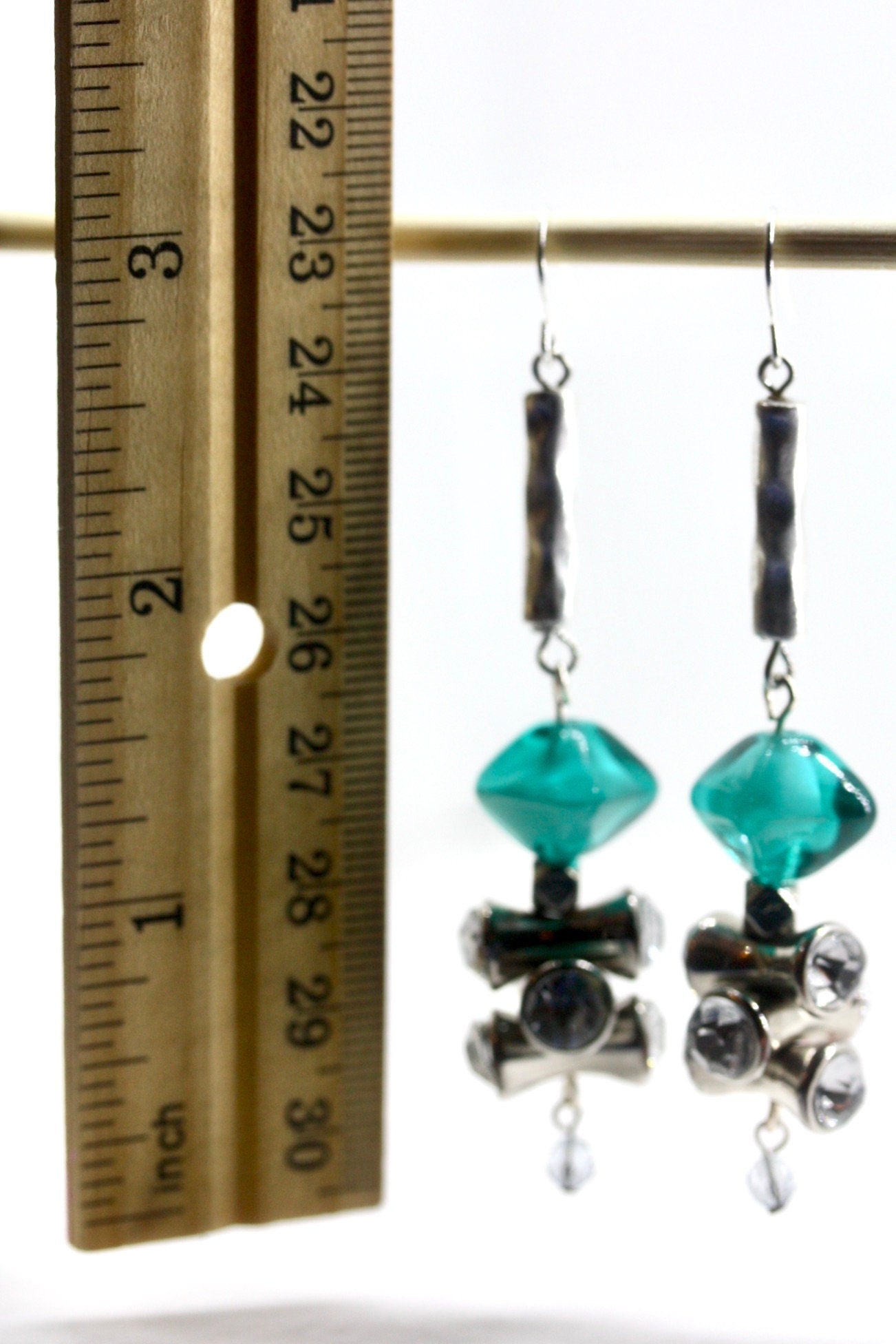 Handmade dangle earrings - sterling silver ear wires, turquoise glass, rhinestone vintage beads, crystal drops, hammered silvertone bars