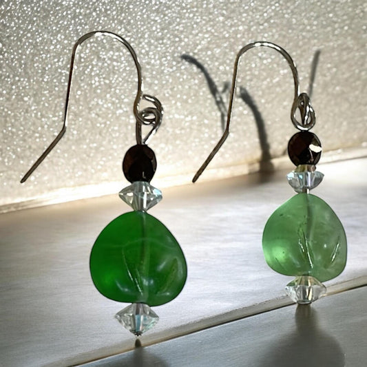 Green Glass and Crystal Dangle Earrings – Handmade Drop Earrings | Elegant Lightweight Jewelry Gift for Her