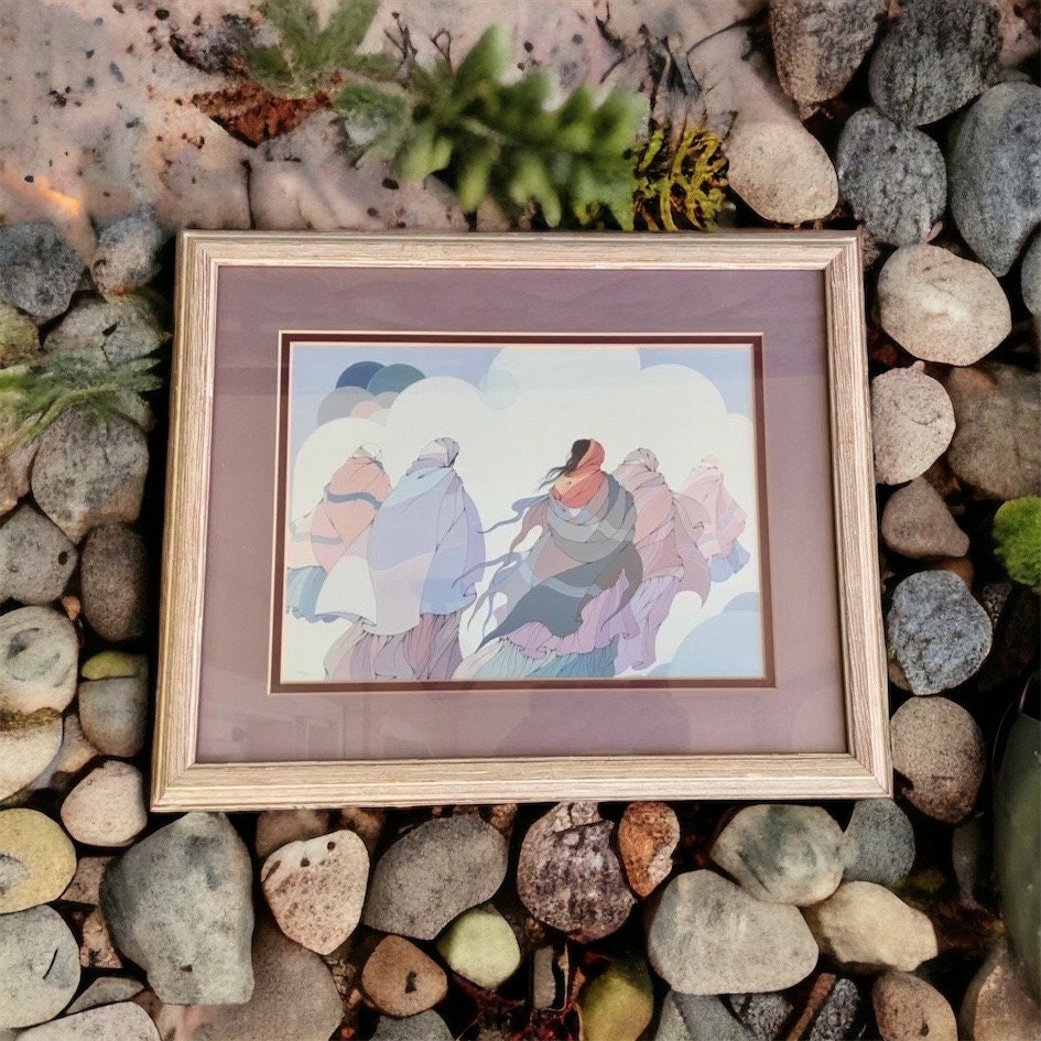 Stunning framed and matted vintage print by the late artist Diane O'Leary titled The Long Journey - Native American Multimedia artist