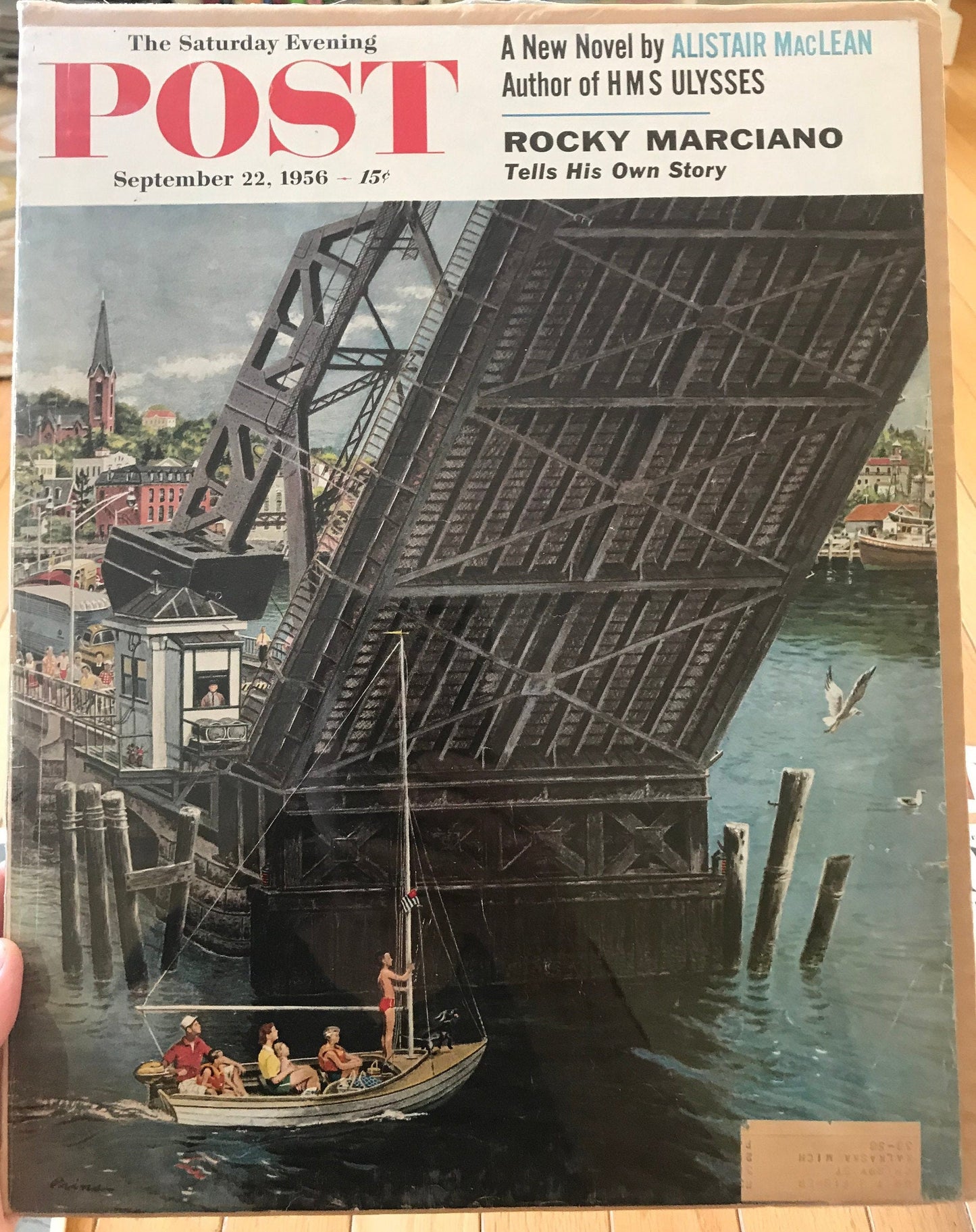 RARE - Saturday Evening Post - Original Cover - September 22, 1956 - Bridge, Boat, Rocky Marciano