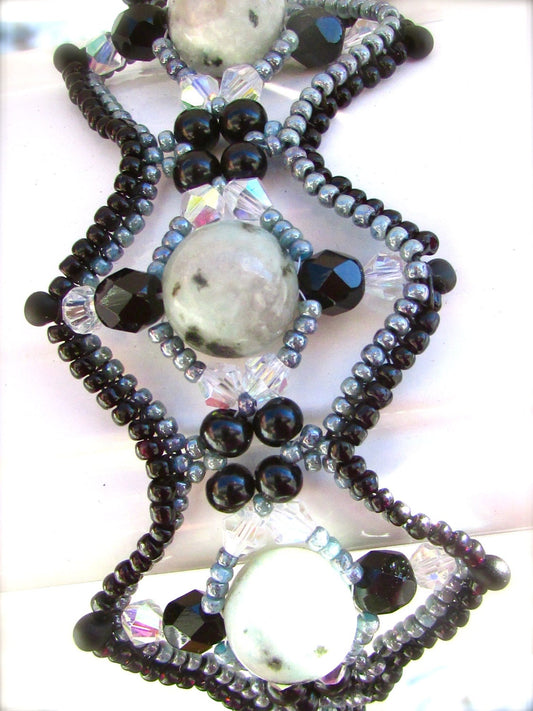 Turquoise and black beadwork bracelet - turquoise sesame jasper, unique beaded scrollwork, seed beads, crystals