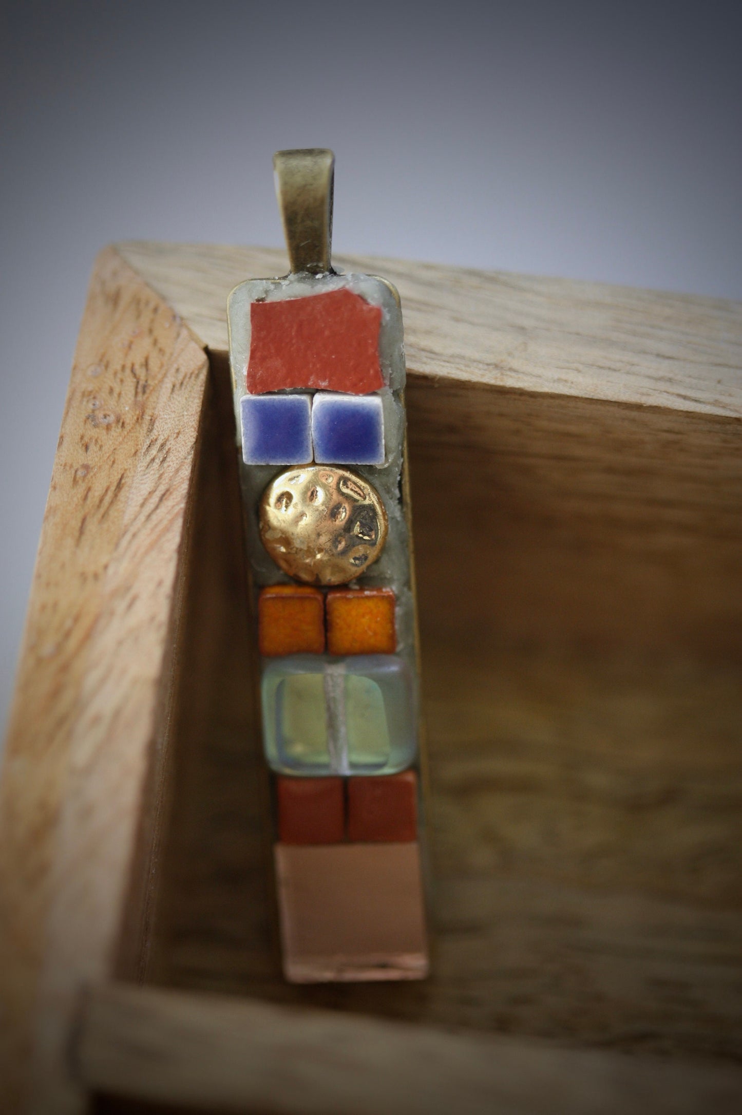 Handmade mixed material mosaic necklace - glass, ceramic tiles, rose gold colored mirror, upcycled goldtone hammered metal
