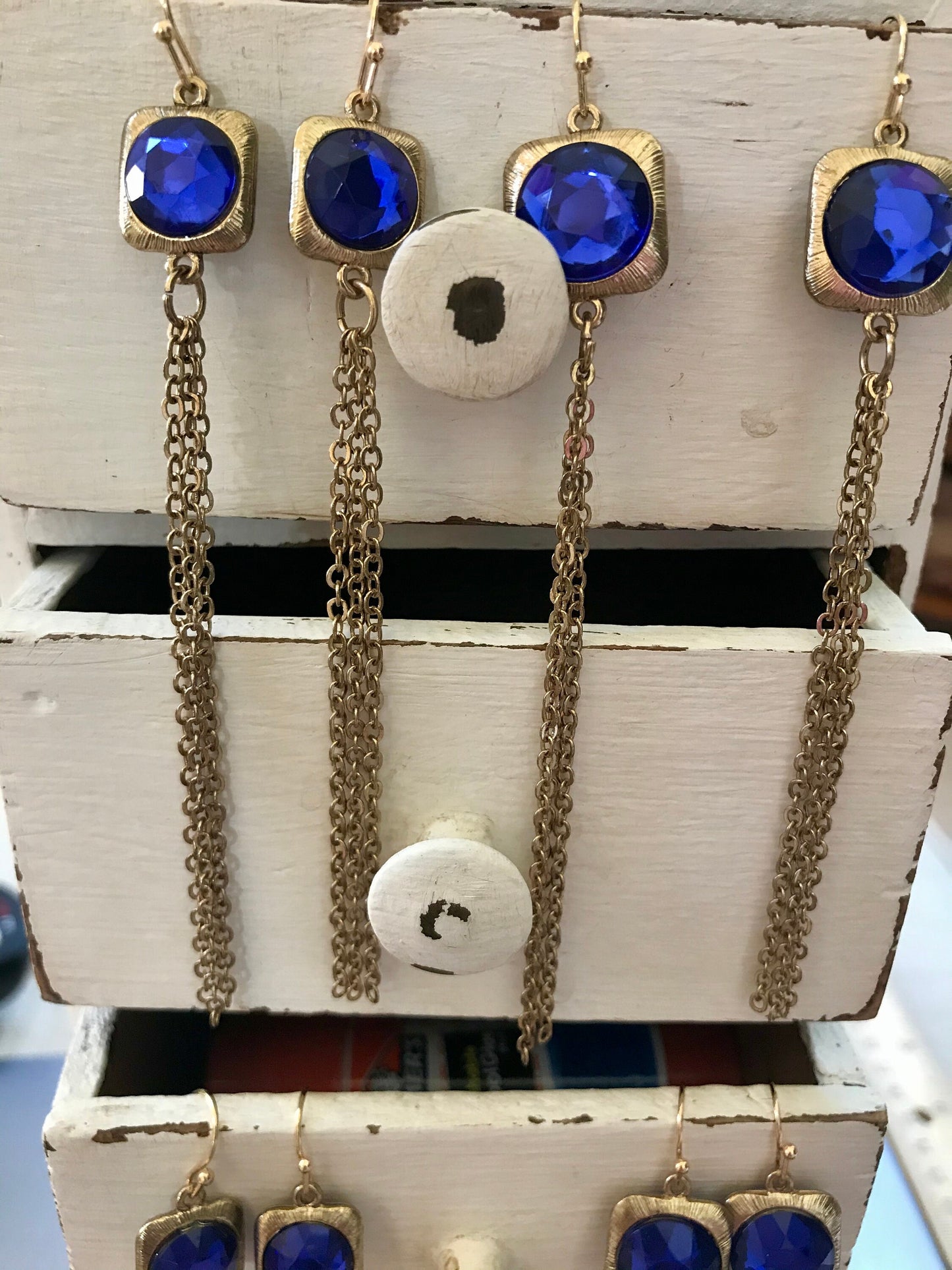 Super long 4-inch royal blue rhinestone and metal tassel dangle earrings