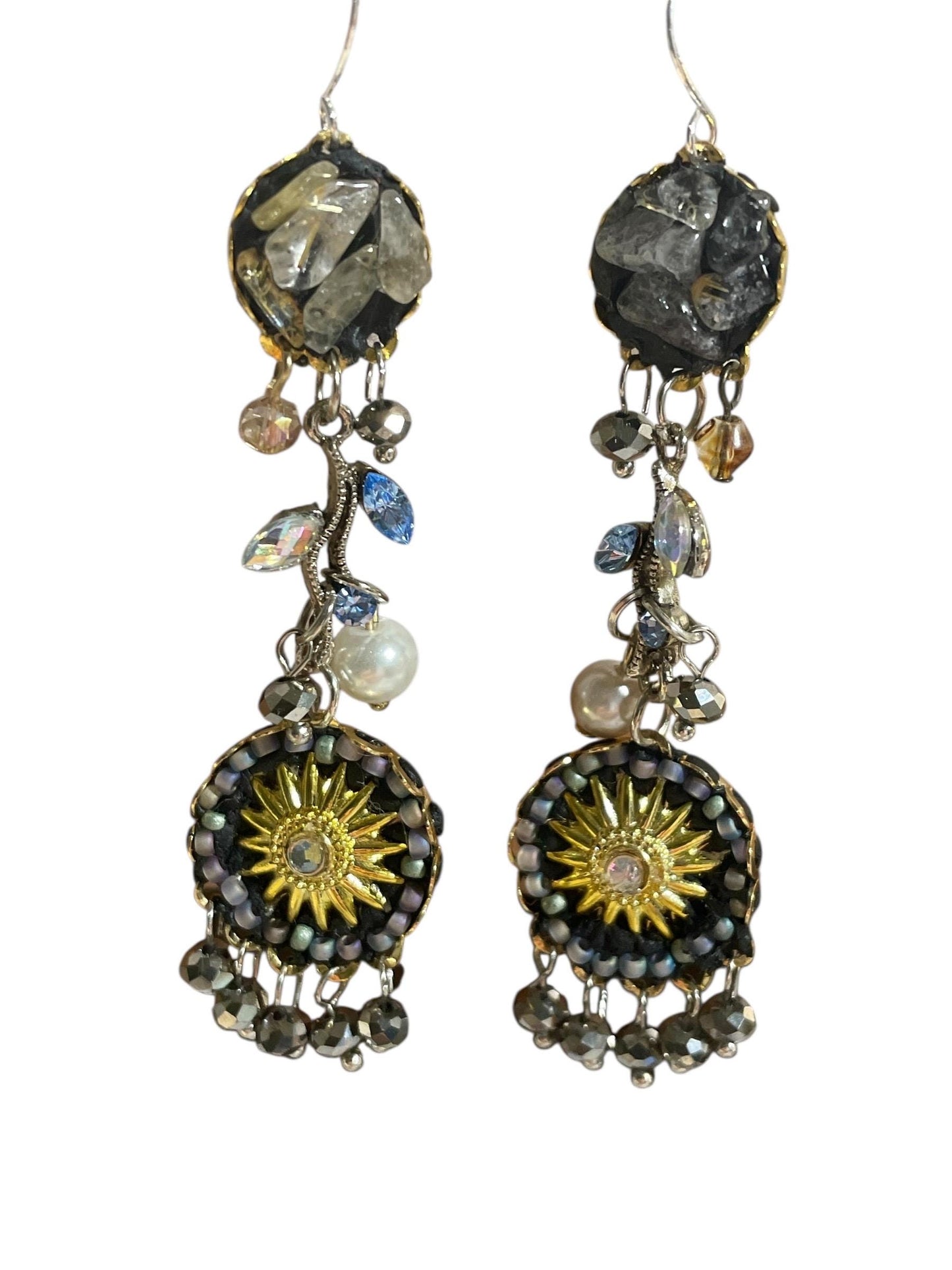 Celestial Sunburst Dangle Earrings – Handmade Boho Statement Jewelry with rutilated quartz,  rhinestones, faux pearls & Beads