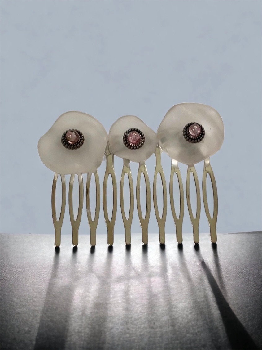 Unique clear white free form lucite and pink glass hair comb