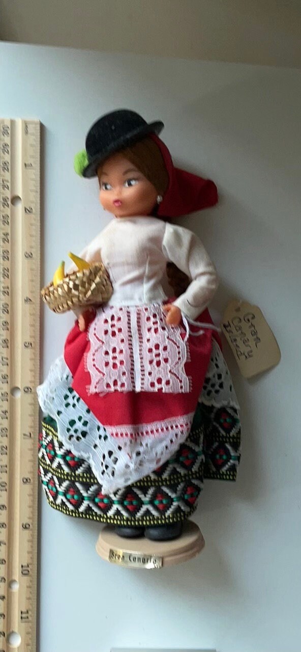 Vintage signed Muneca Artesana Beibi doll figurine - Made in Spain - holding wicker basket with miniature fruit