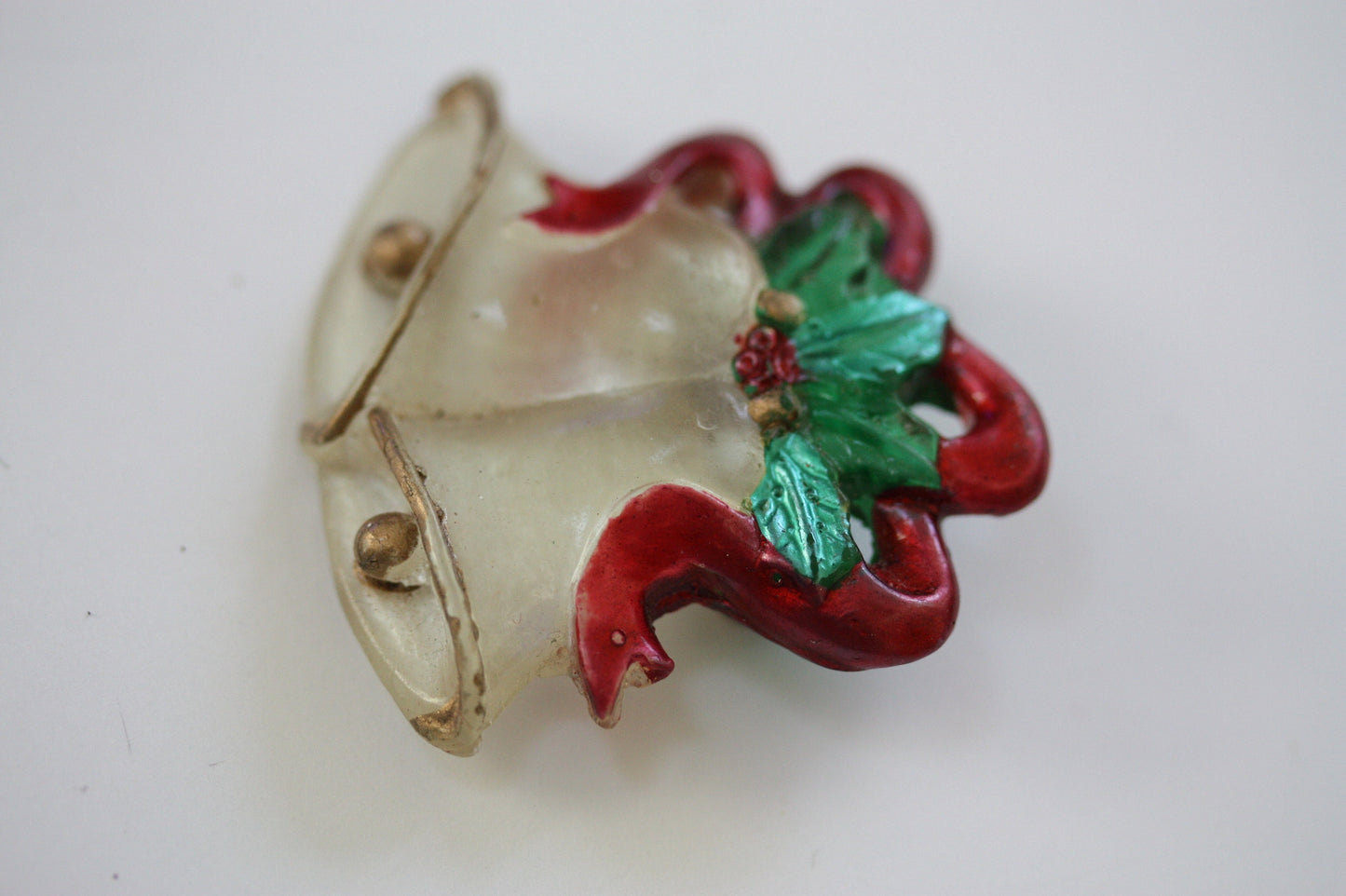 Unique old vintage charming Christmas bells pin with red ribbon and holly - classic /classy vintage Chritmas pin - lucite?