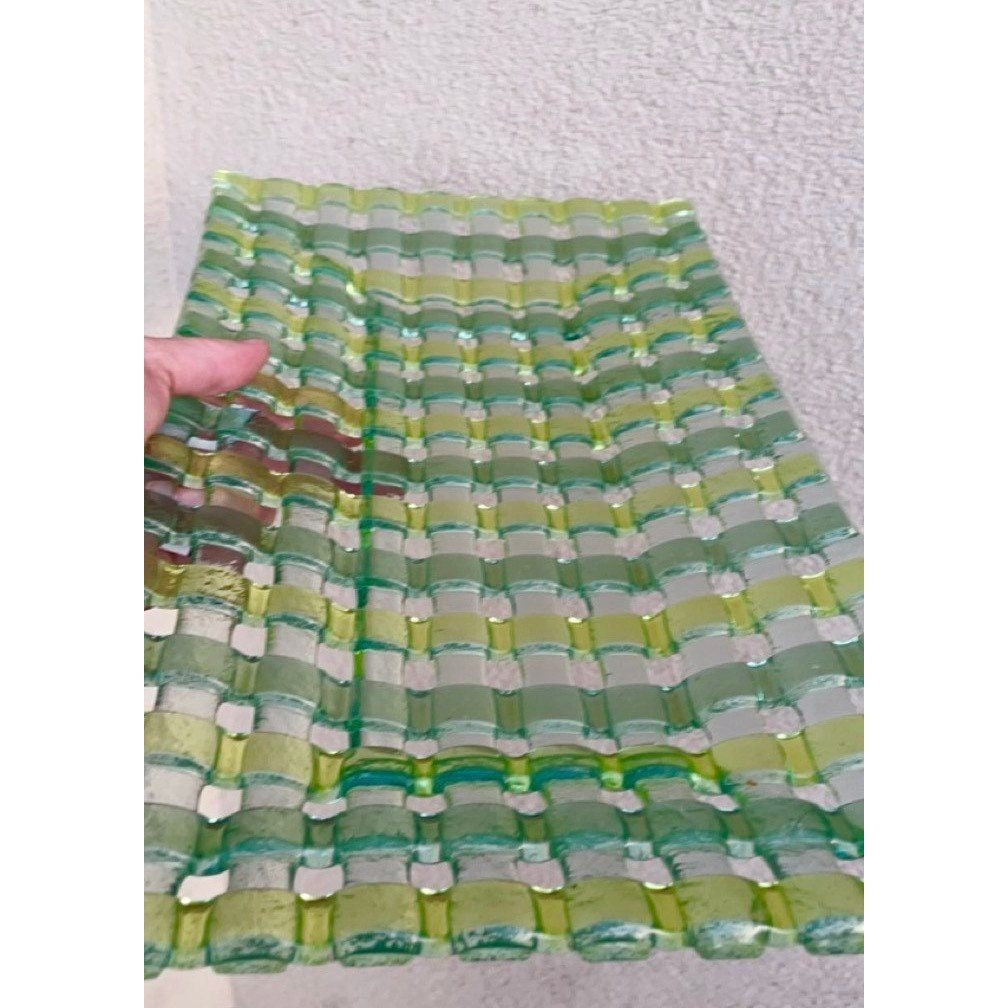 Stunning woven fused glass long dish in light shades of green