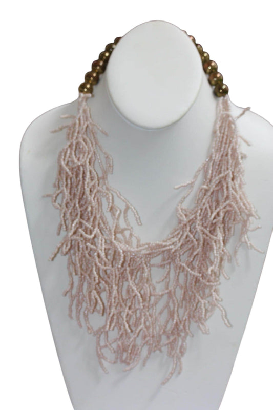 Stunning Cream Color Beaded Fringe Statement Necklace with hundreds of tiny glass seed beads
