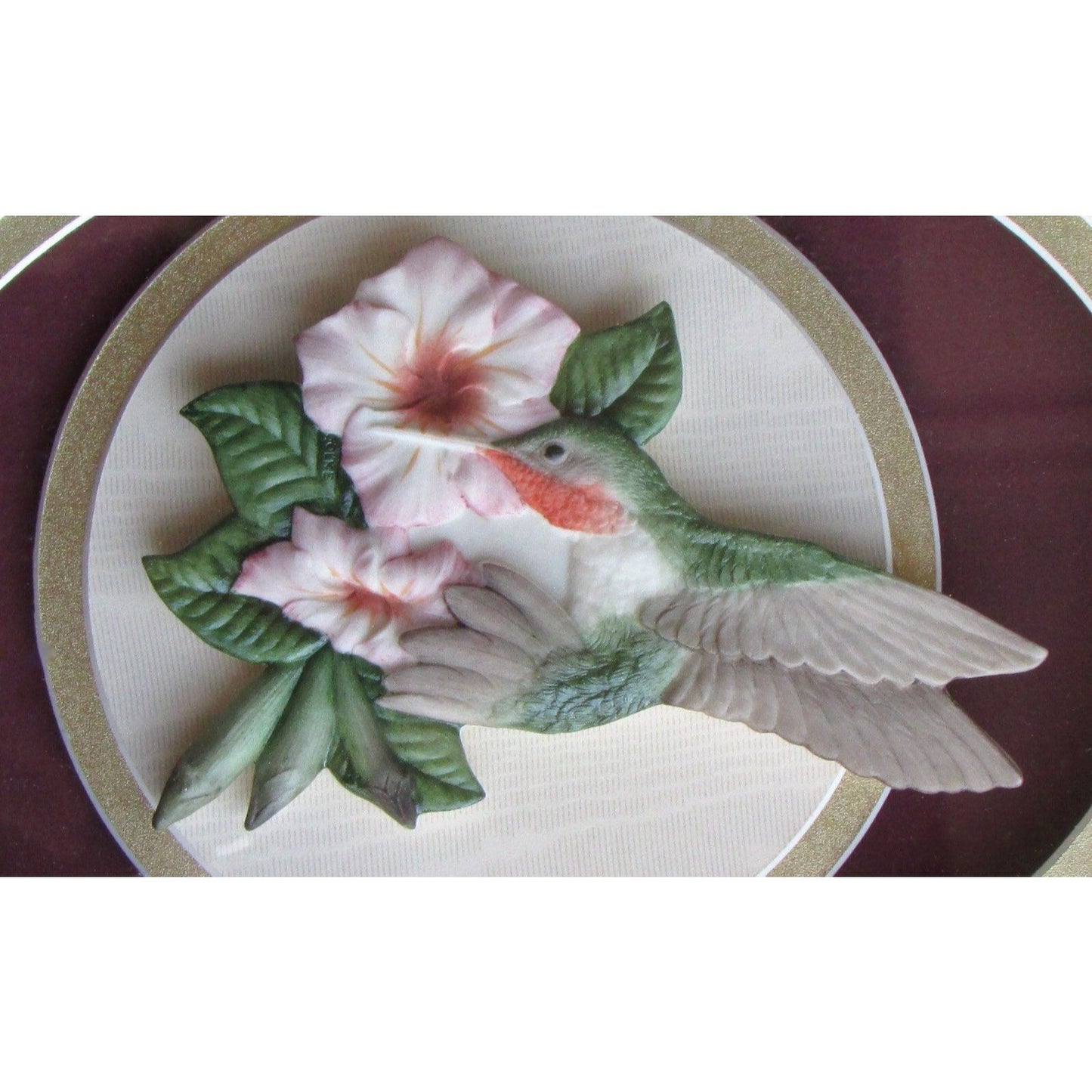 Handmade & framed vintage porcelain hummingbird sculpture by renowned sculptor Ron Goeke