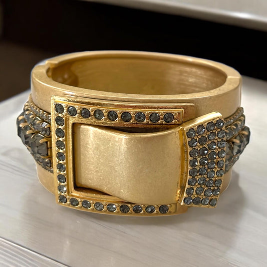 Goldtone Wide Bangle Bracelet with Silvery Gray Rhinestones • Vintage Statement Jewelry • Chunky Glam Cuff • Bold Costume Bracelet