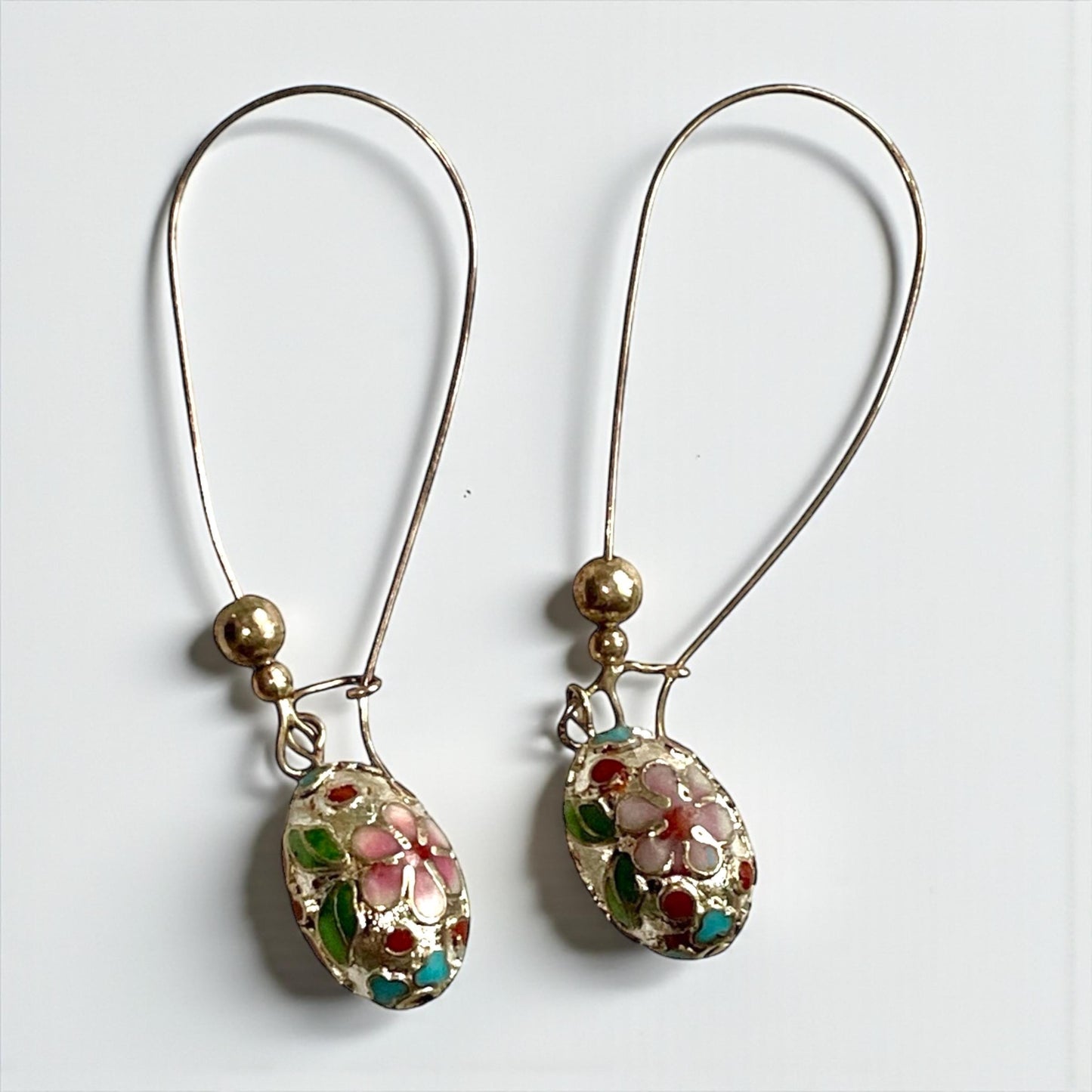 Vintage Cloisonné Floral Dangle Earrings, Enamel Oval Drop Jewelry