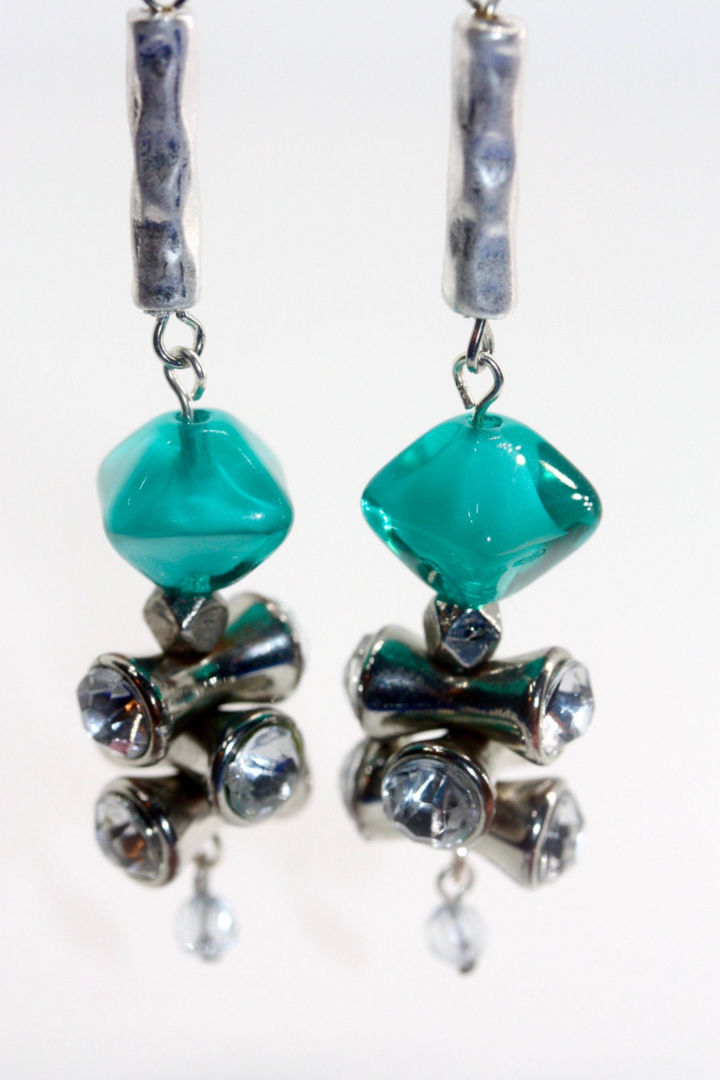 Handmade dangle earrings - sterling silver ear wires, turquoise glass, rhinestone vintage beads, crystal drops, hammered silvertone bars