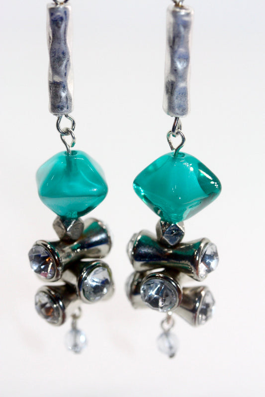 Handmade dangle earrings - sterling silver ear wires, turquoise glass, rhinestone vintage beads, crystal drops, hammered silvertone bars
