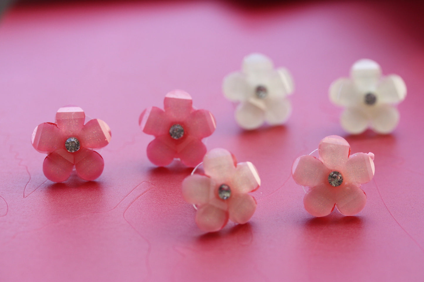 Stud flower earrings with rhinestone centers - dark pink, light pink, ivory - your choice