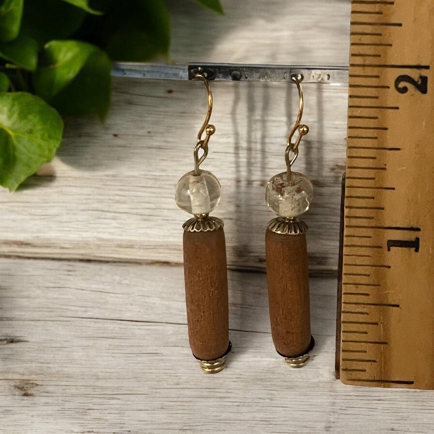 Tubular vintage wood and muted clear glass handmade dangle earrings