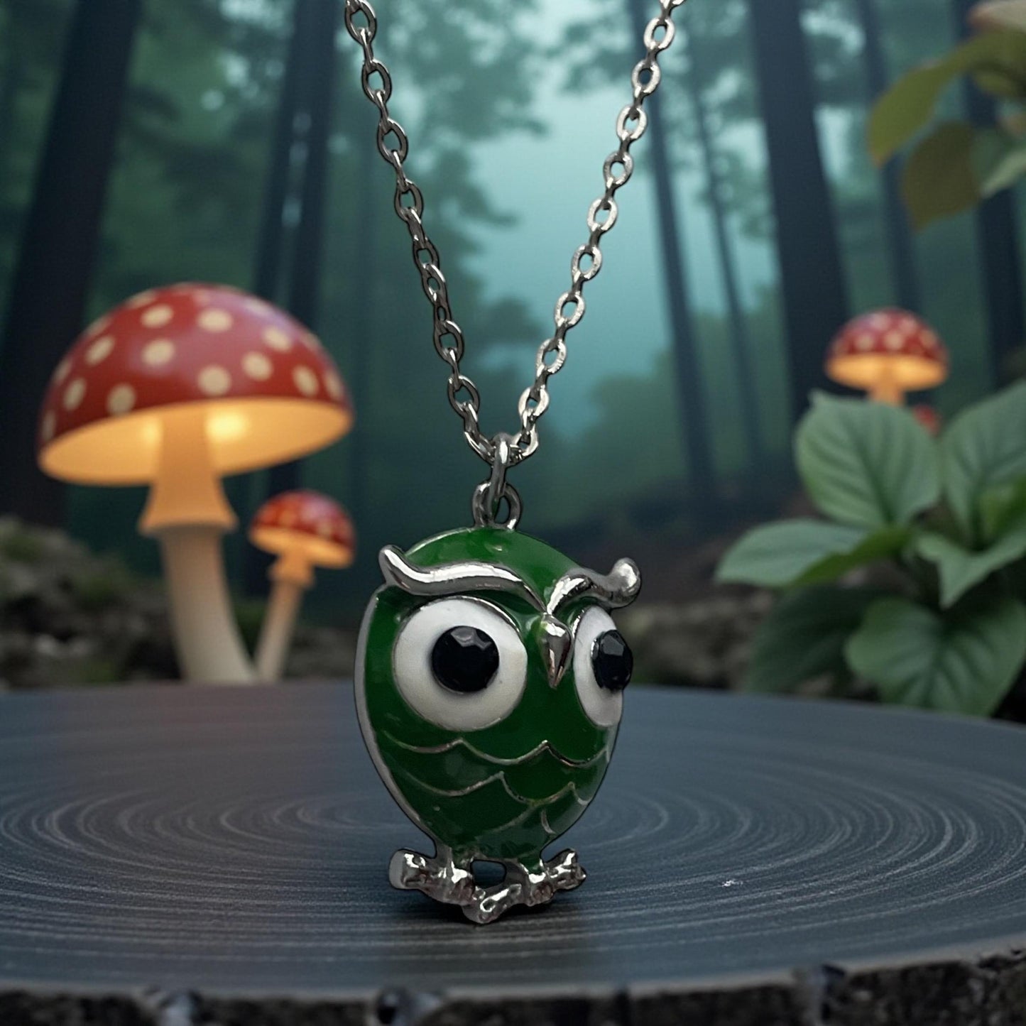 Vintage Green Enamel Owl Necklace Silver Tone Chain Cute Animal Pendant
