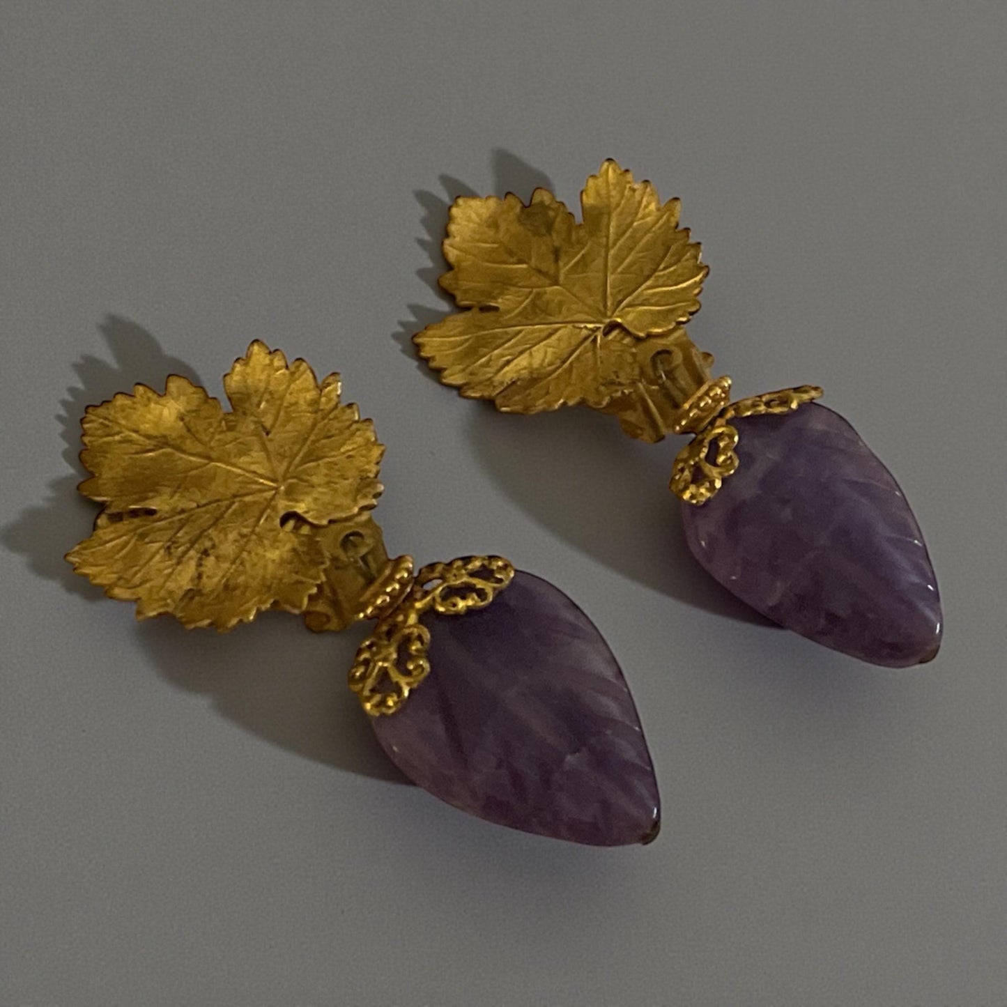 Vintage Goldtone Leaves Clip On Earrings with Carved Amethyst Drops | Retro Statement Jewelry