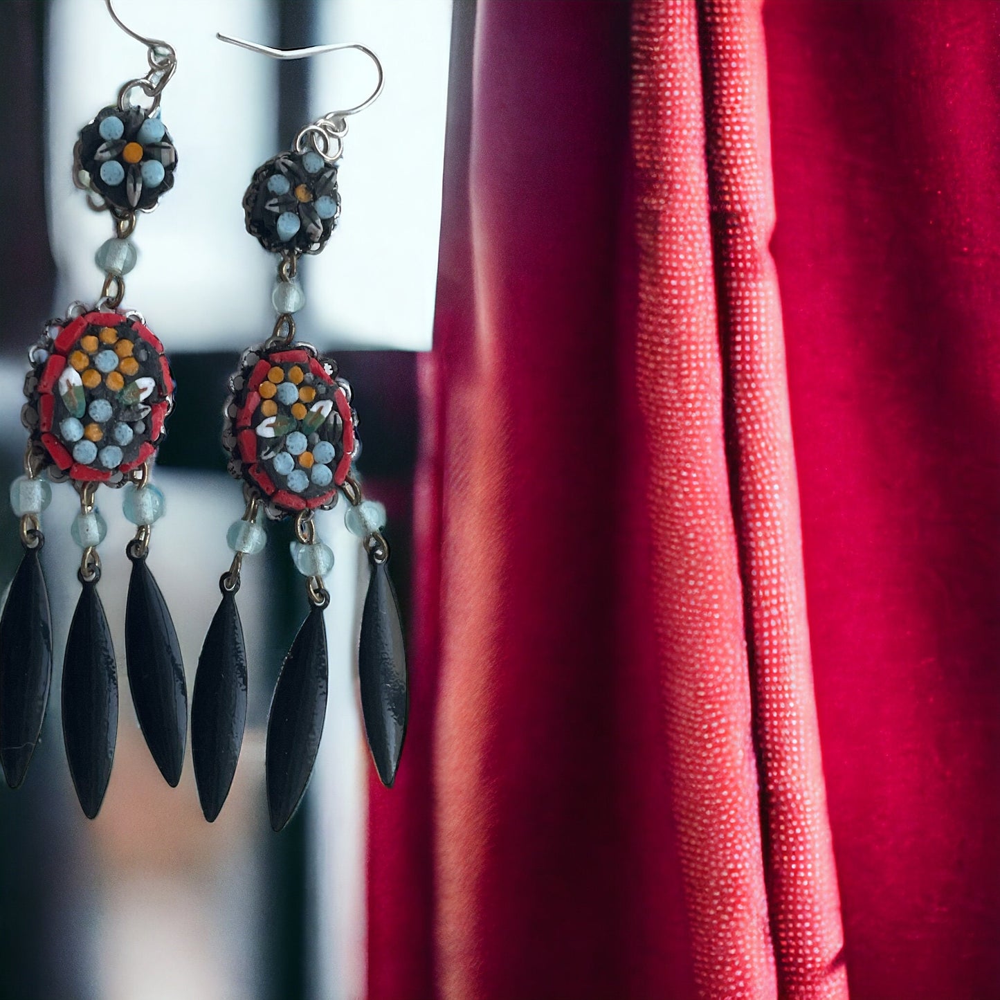 My own handmade Italian style hand cut micro mosaic millefiori glass dangle earrings