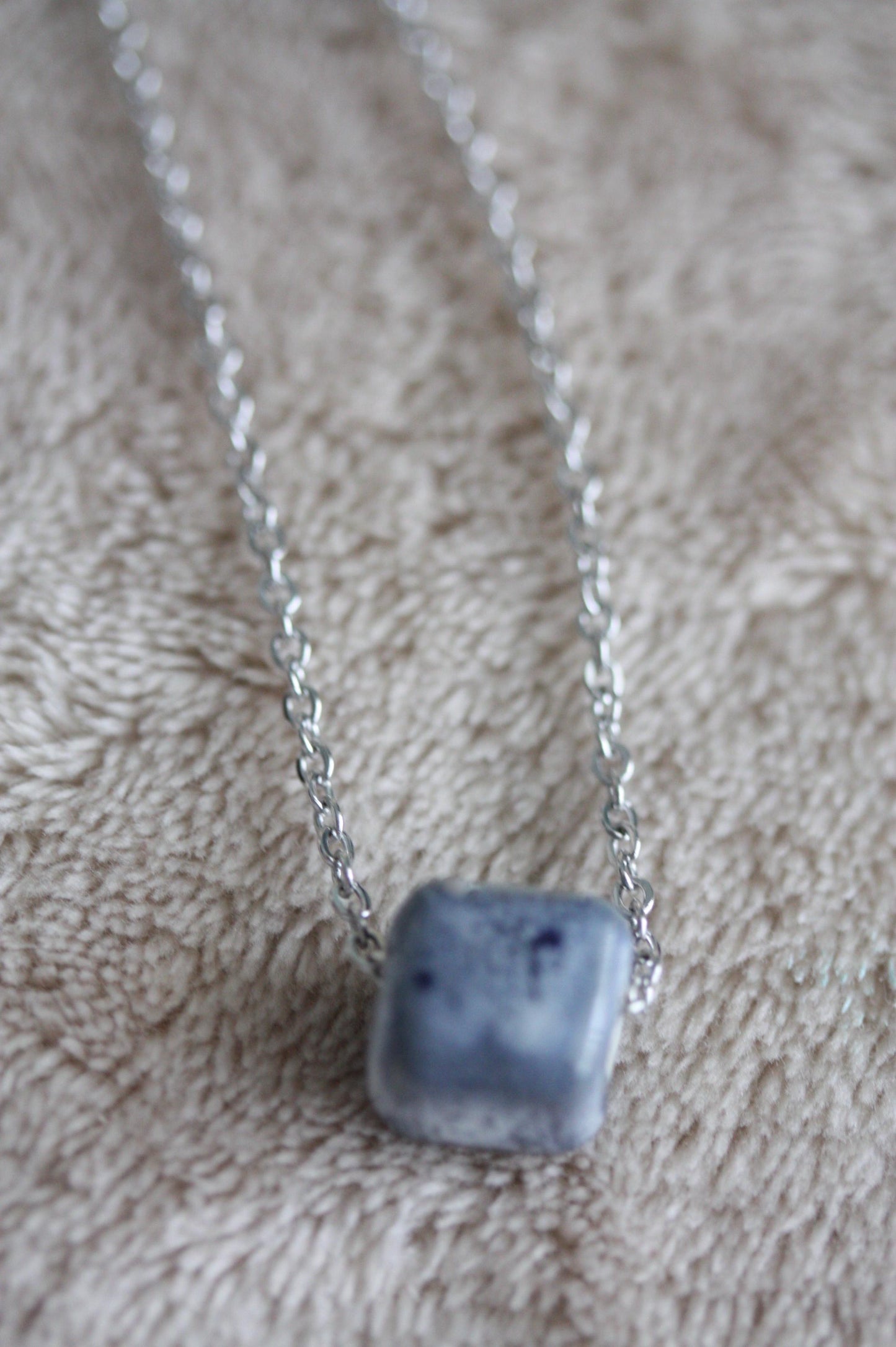 Speckled blue clay pottery cube minimalist necklace on silver tone chain