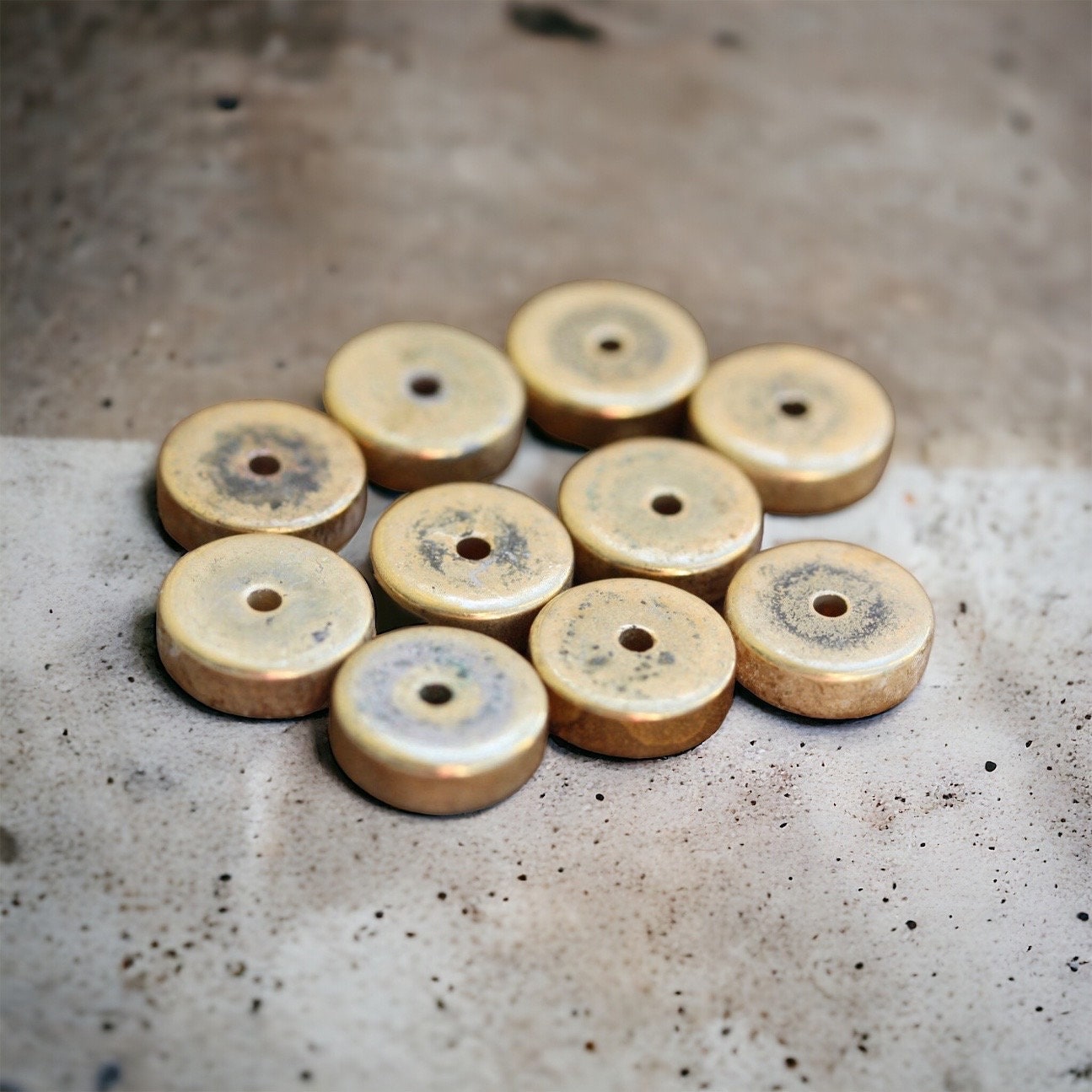 5 Round flat goldtone vintage spacer beads - approx. 10 mm x 3 mm