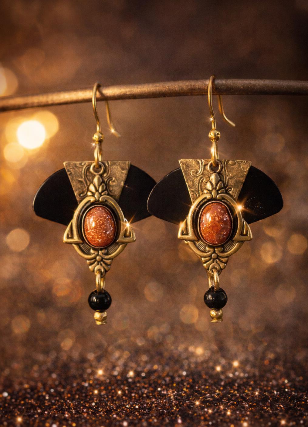 Vintage Art Deco Dangle Earrings • Goldstone Cabochon • Vintage Brass Filigree • Wooden Black Fan Accent • Boho Statement Earrings