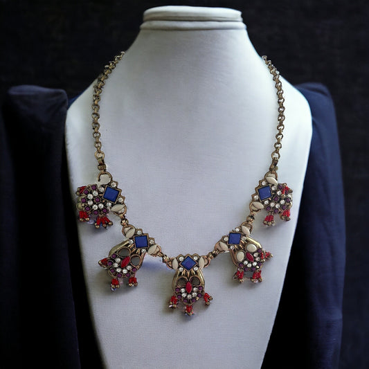 Indian inspired vintage inlaid colors and rhinestones statement necklace