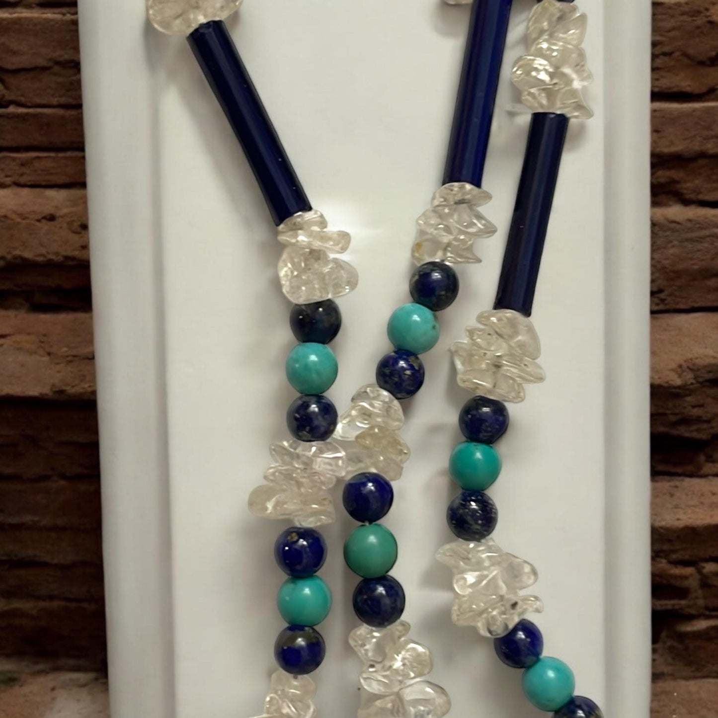 Cobalt blue art glass beaded necklace with semi precious stone chips, black tubes and turquoise/black beads