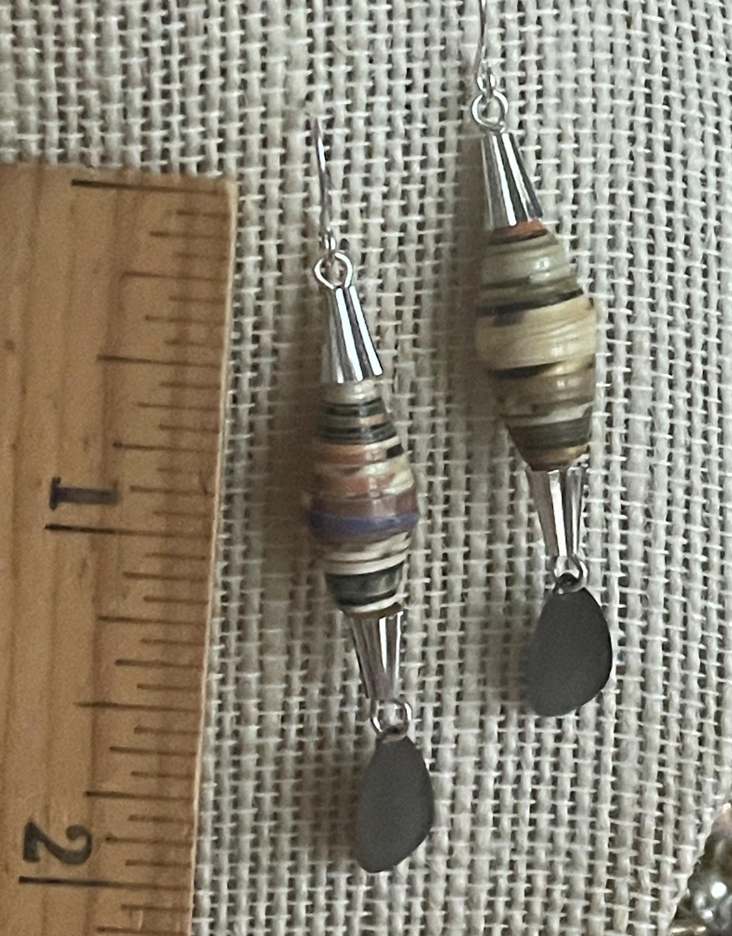 Oval rolled paper with cone metal caps and teardrop dangles - handmade earrings - 2" long