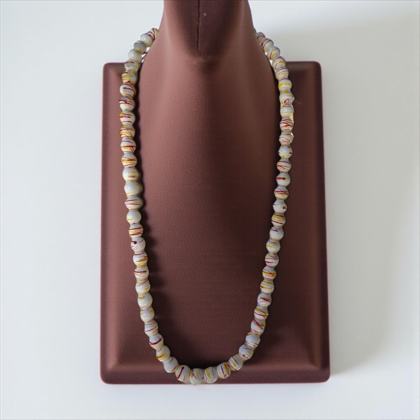 Vintage Red and Yellow Drizzle Splatter Painted Plastic Beaded Necklace – Retro Mod Style