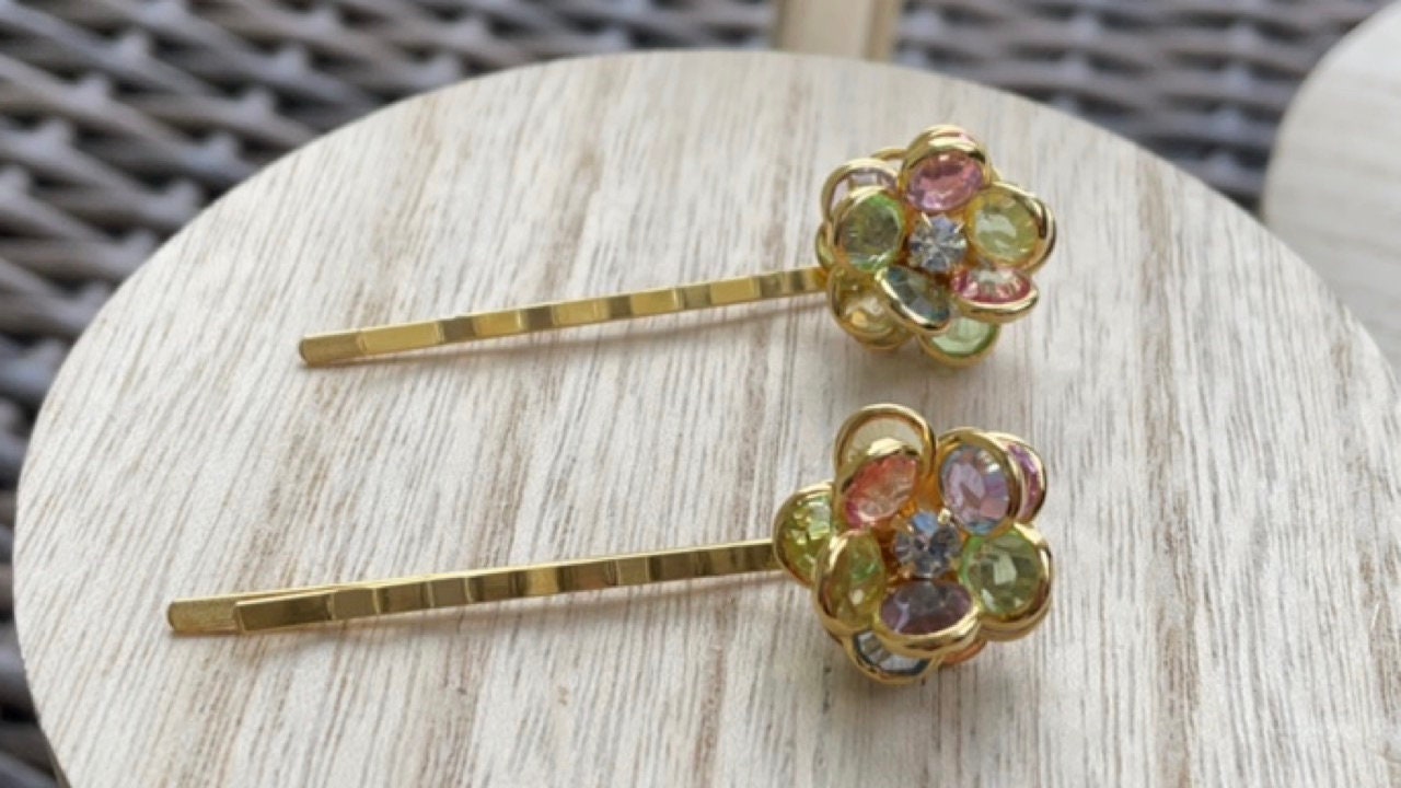 Stunning rhinestone and crystal floral hair pins, made with new and repurposed vintage elements - crystal flower hair accessories