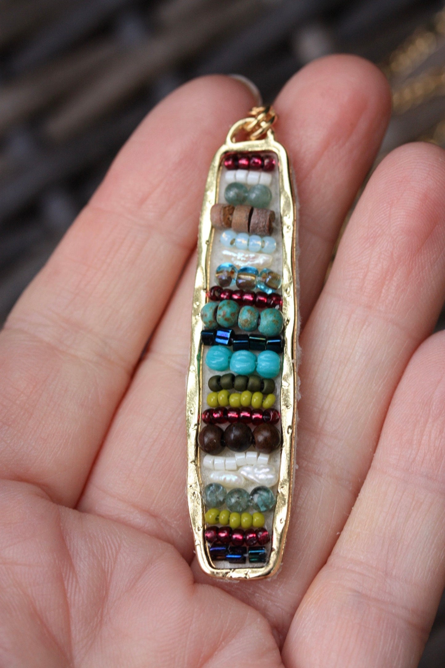 Hand beaded mixed material necklace - baroque pearl, glass, wood, metal, turquoise