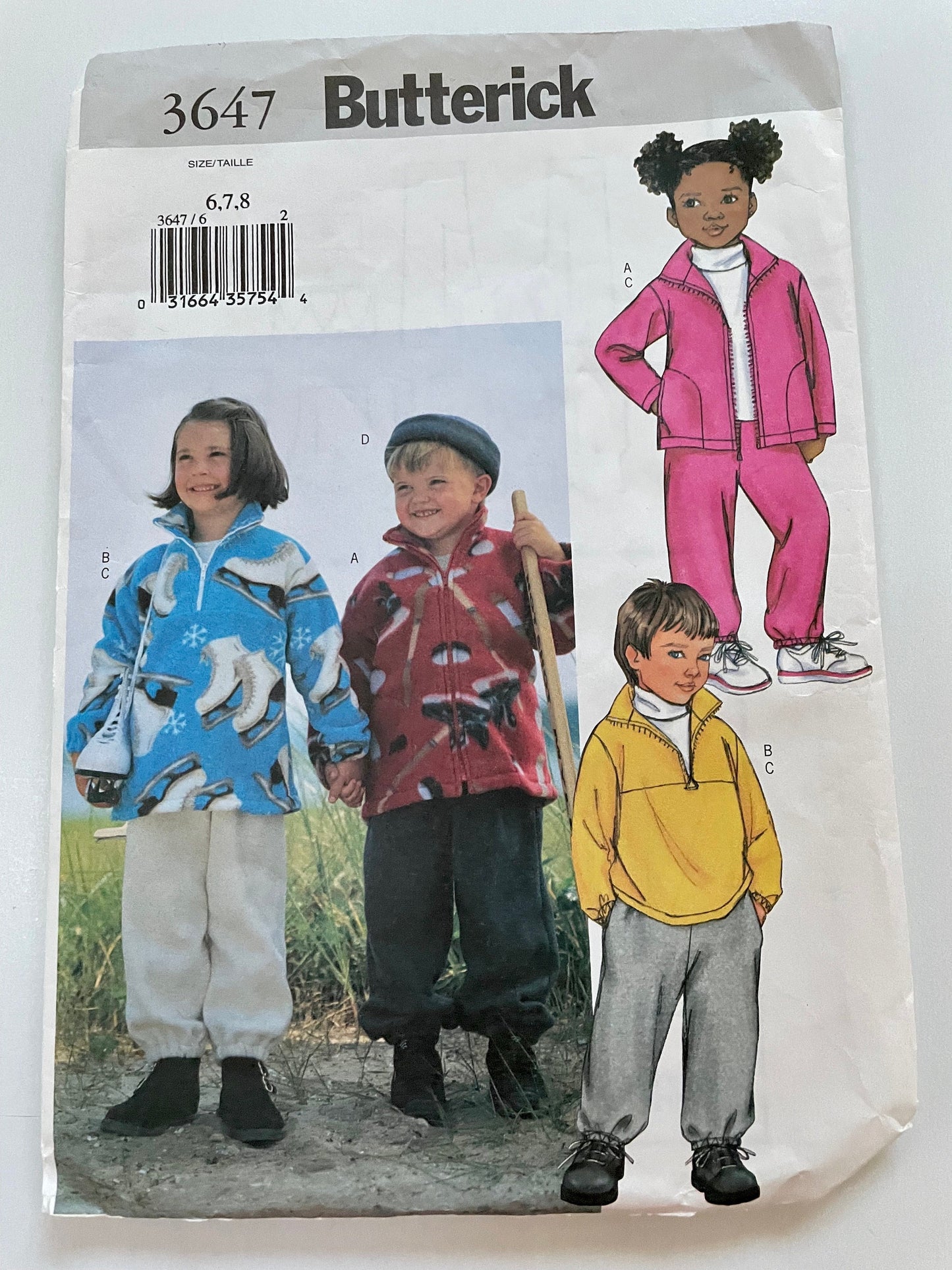 RARE UNCUT vintage Sewing Pattern - Butterick 3647 - Childs Jacket, Top and Pants, Hat, Stretch Knits, Boys and Girls, Sizes 6, 7 and 8