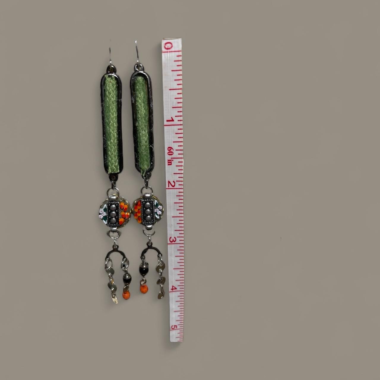 Handcrafted Boho Mosaic Dangle Earrings –Green Woven Fabric & Beaded Drop Earrings, Artisan Statement Jewelry, Colorful Mixed Media Earrings